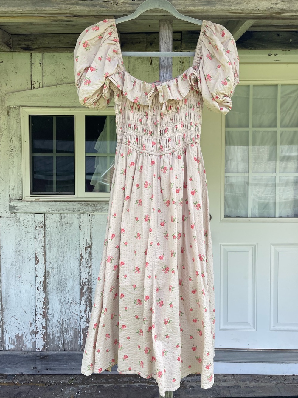 Floral Puff Sleeve Maxi Dress by R.Vivimi — Cream with Pink Roses. Women’s  8/10